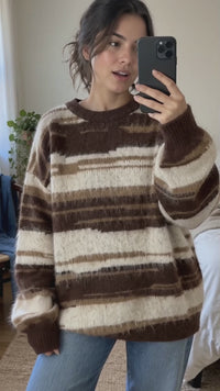 Brown Fuzzy Striped Oversized Knit Sweater - personality-led mirror try-on