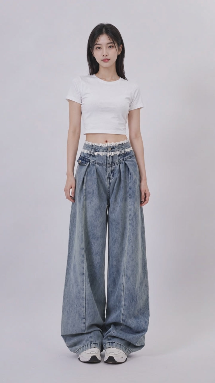 Blue Lace Waist Wide Leg Denim Jeans - instrumental relaxed studio showcase