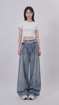 Blue Lace Waist Wide Leg Denim Jeans - instrumental relaxed studio showcase