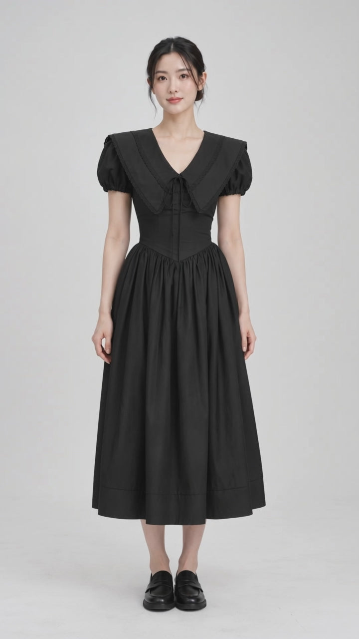 Black Elegant V-Neck Puff Sleeve Little Black Dress - instrumental relaxed studio showcase