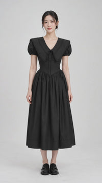 Black Elegant V-Neck Puff Sleeve Little Black Dress - instrumental relaxed studio showcase