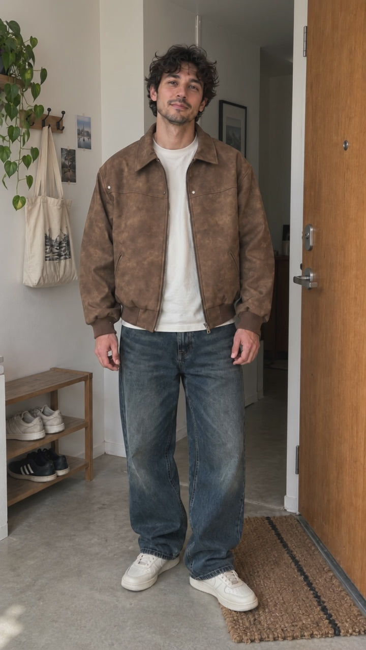 Dark Brown Vintage Faux Leather Jacket - instrumental doorway outfit showcase
