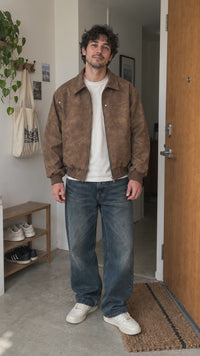 Dark Brown Vintage Faux Leather Jacket - instrumental doorway outfit showcase