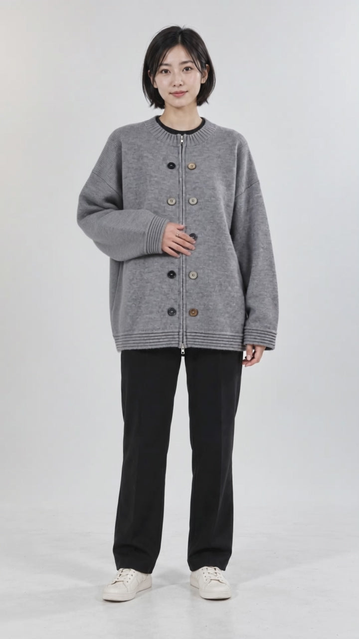 Grey Ribbed Trim Oversized Button Zip Knit Cardigan - instrumental relaxed studio showcase