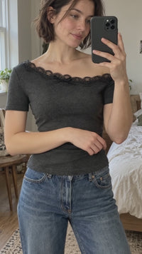 Dark Grey Lace Trim Off Shoulder Top - silent personality-led mirror try-on