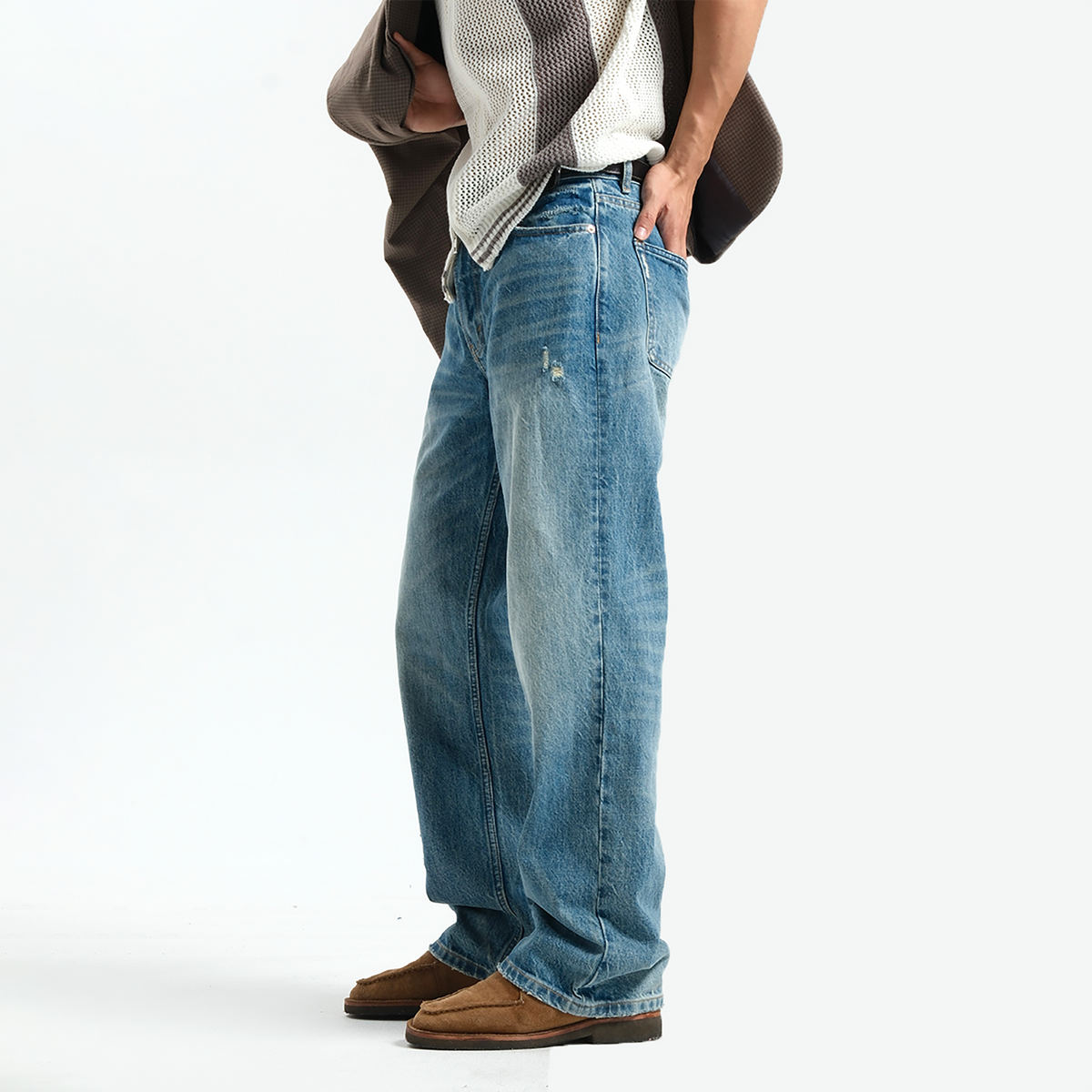 Light Wash Distressed Cotton Jeans - product view 3