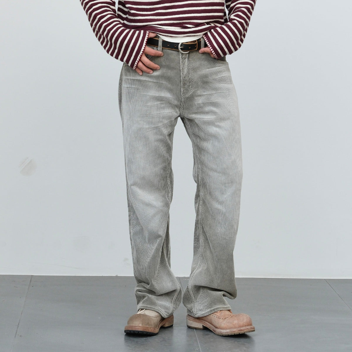 Faded Straight Leg Corduroy Pants - Light Gray 1