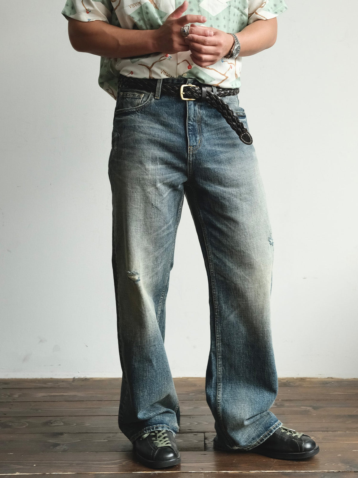 Faded Blue Cotton Flare Jeans - product view 12