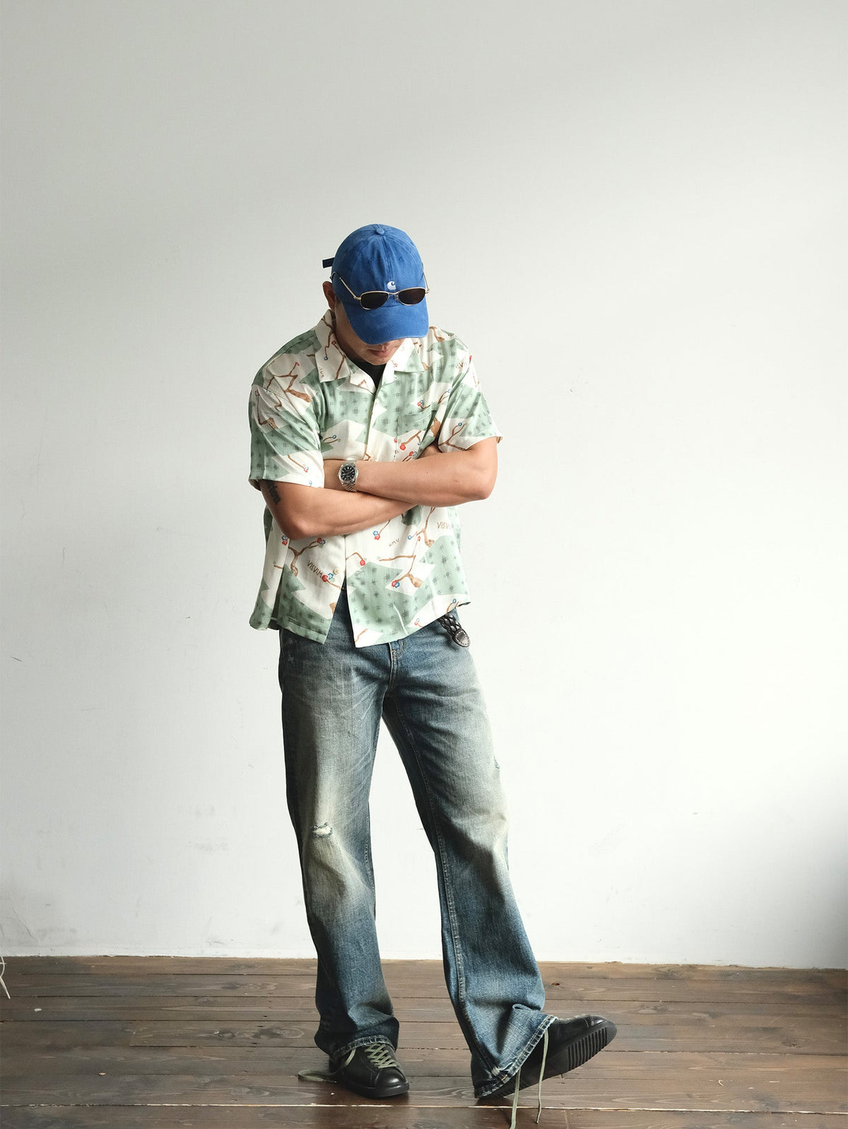 Faded Blue Cotton Flare Jeans - product view 4
