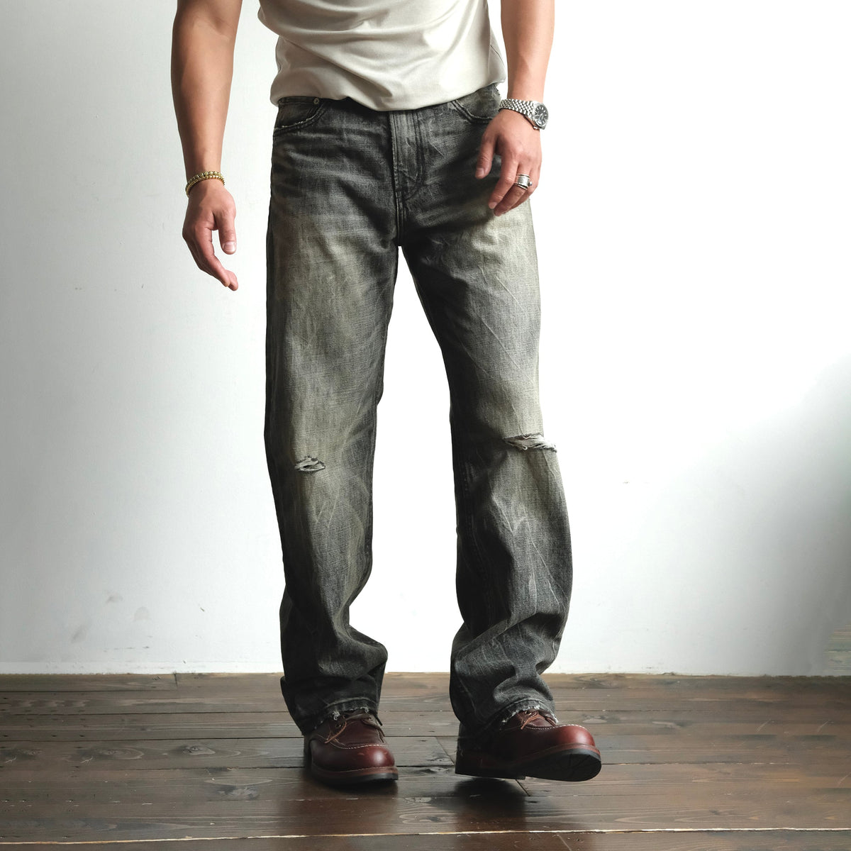 Faded Black Loose Fit Distressed Jeans - product view 1