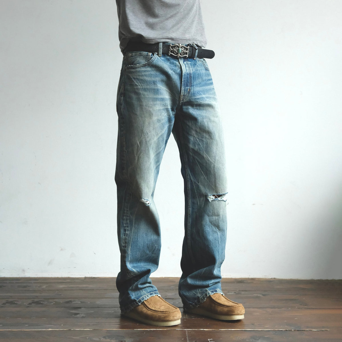 Faded Blue Loose Fit Distressed Jeans - product view 3