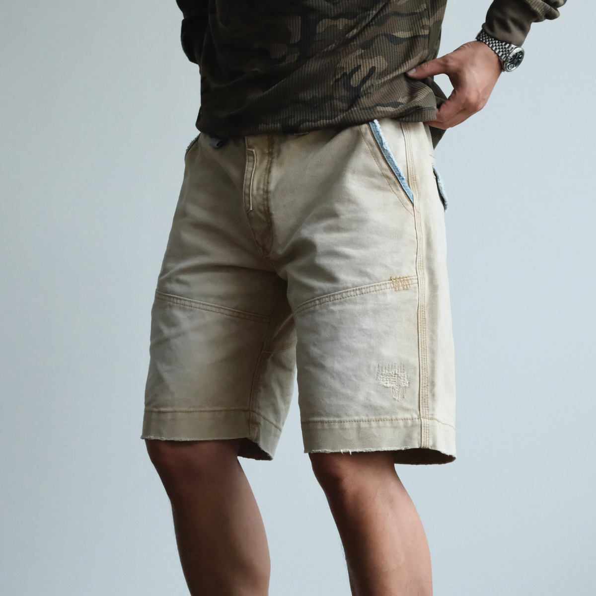 Denim Trim Washed Cotton Utility Shorts - detail or styled view 3