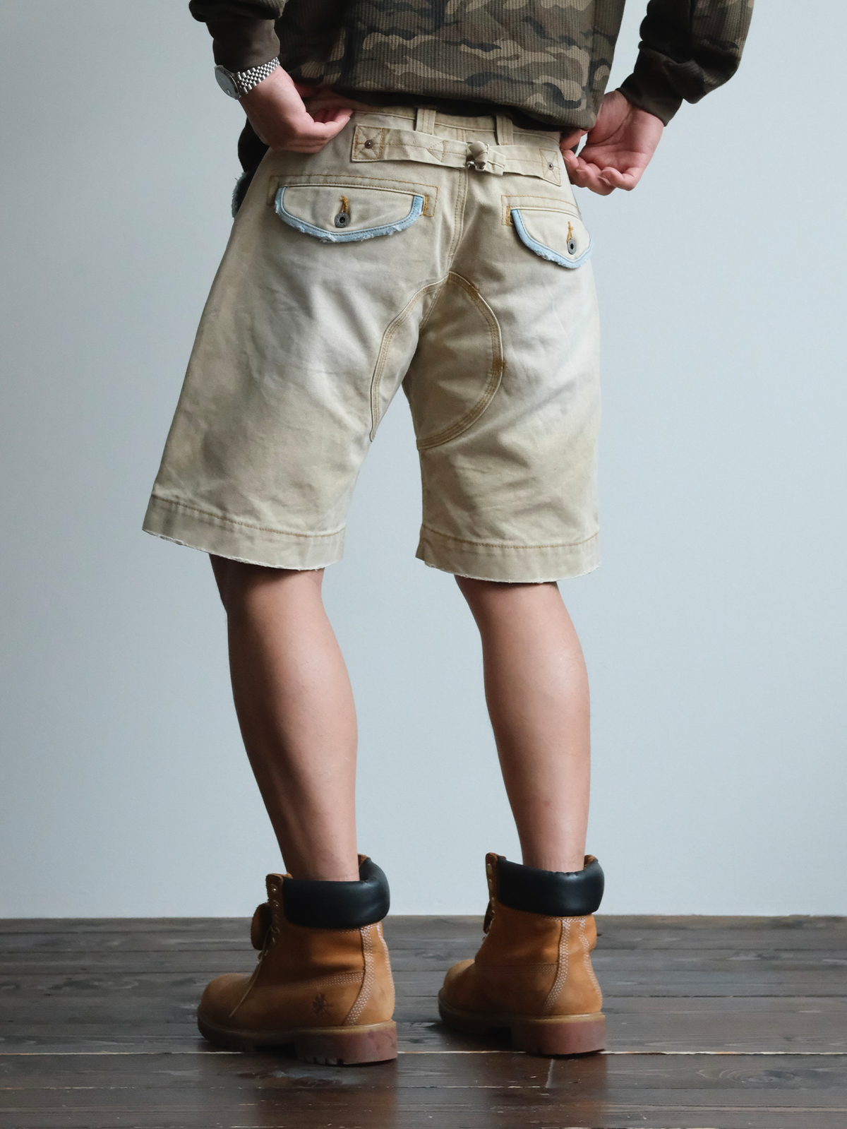 Denim Trim Washed Cotton Utility Shorts - detail or styled view 6