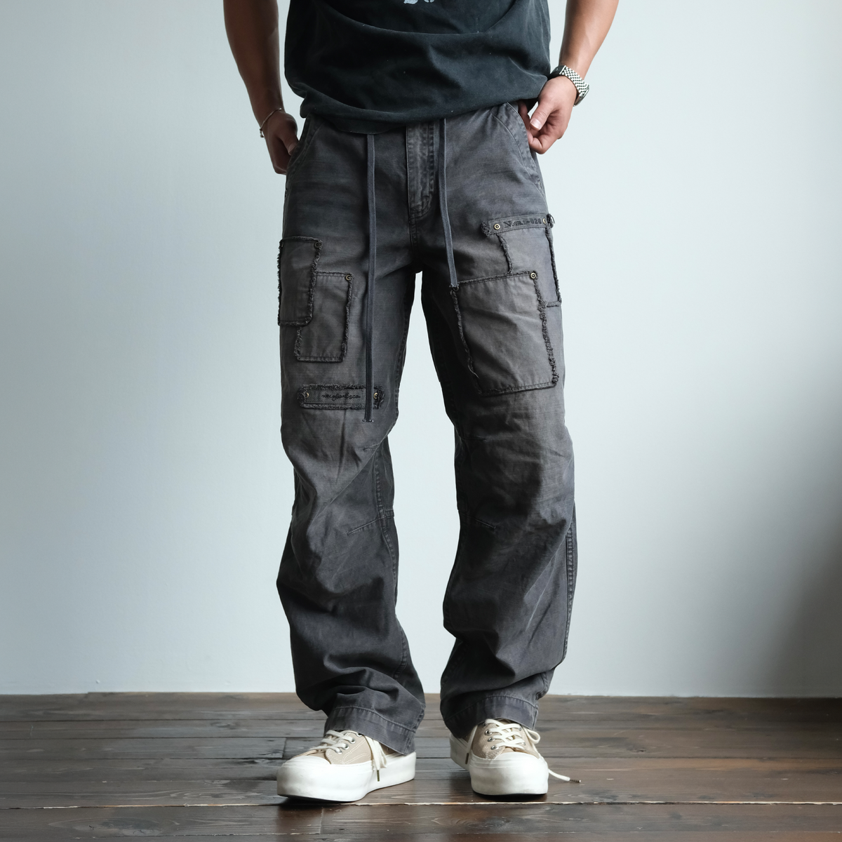 Charcoal Raw Edge Patch Pocket Cargos - product view 1