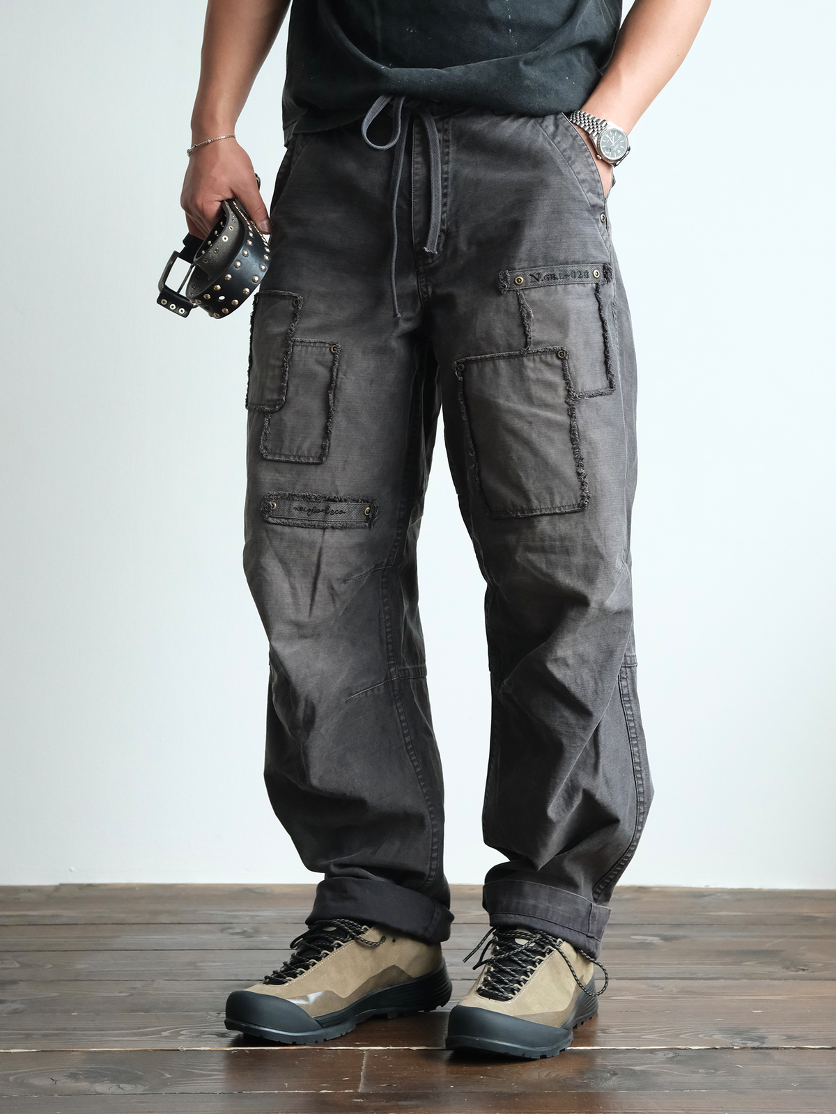 Charcoal Raw Edge Patch Pocket Cargos - detail or styled view 10