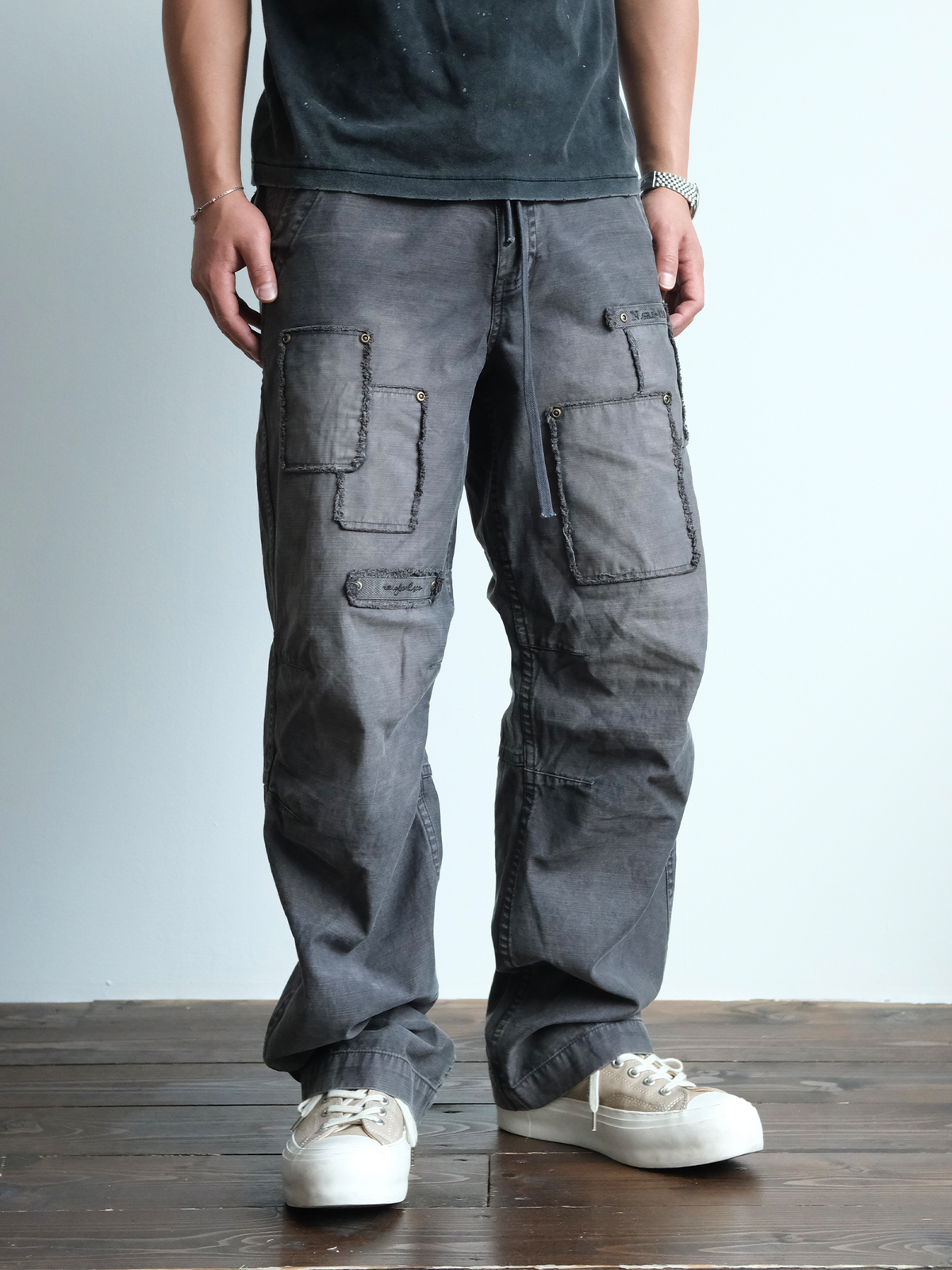 Charcoal Raw Edge Patch Pocket Cargos - detail or styled view 7