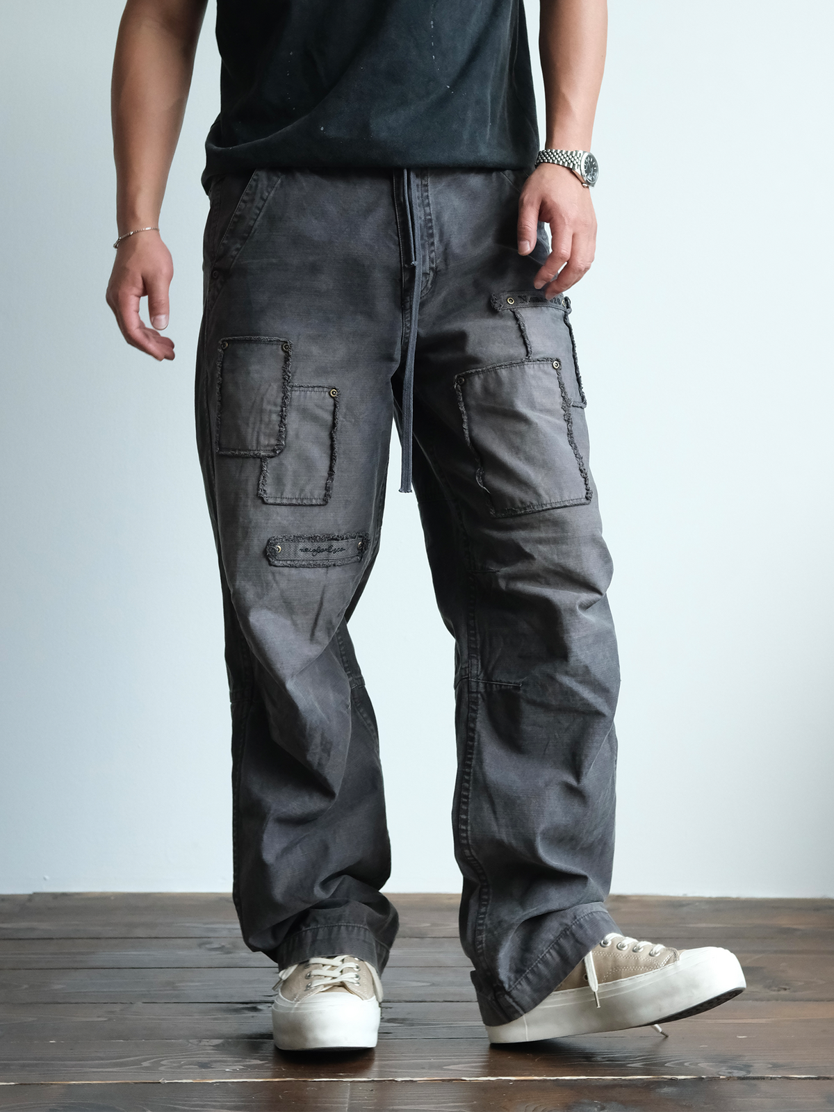 Charcoal Raw Edge Patch Pocket Cargos - detail or styled view 8