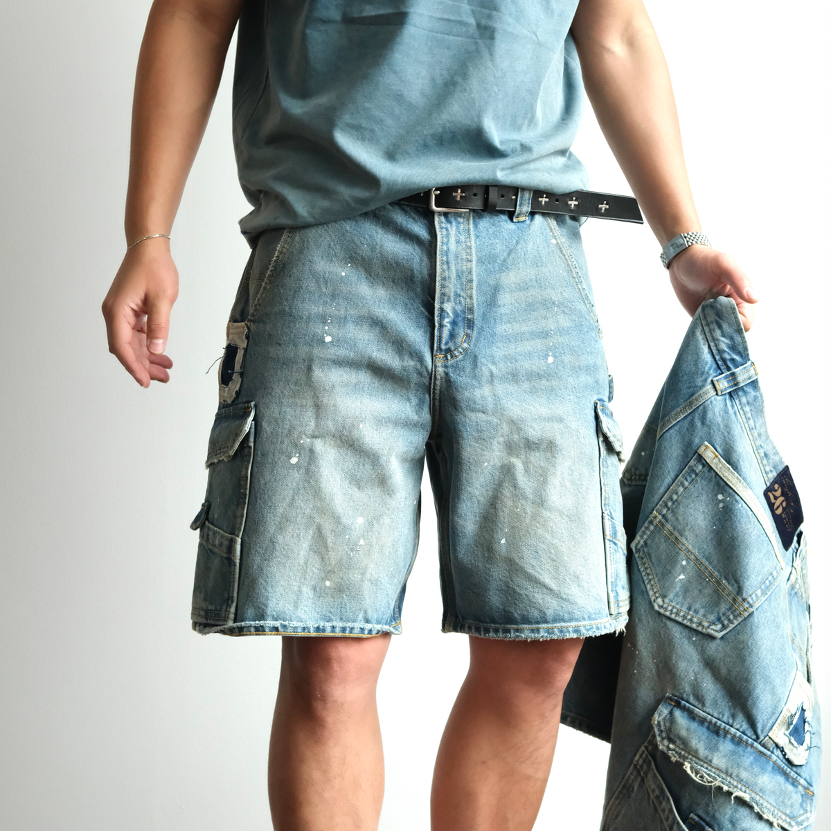 Paint Splattered Denim Cargo Shorts - product view 1