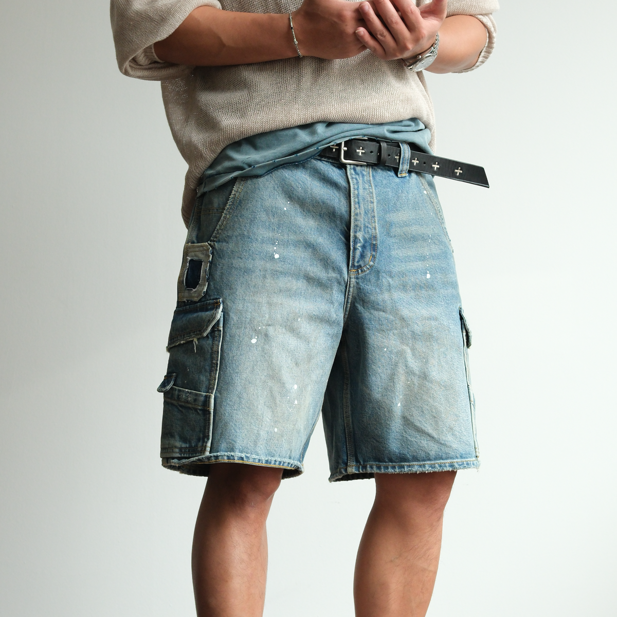 Paint Splattered Denim Cargo Shorts - product view 3