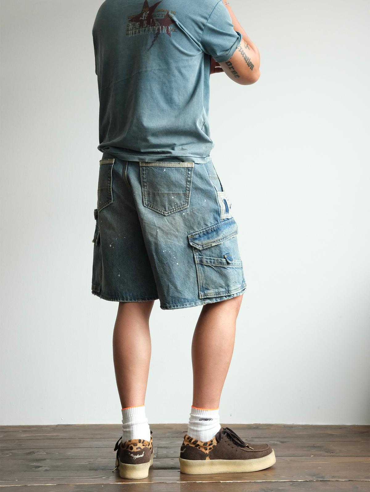 Paint Splattered Denim Cargo Shorts - product view 4