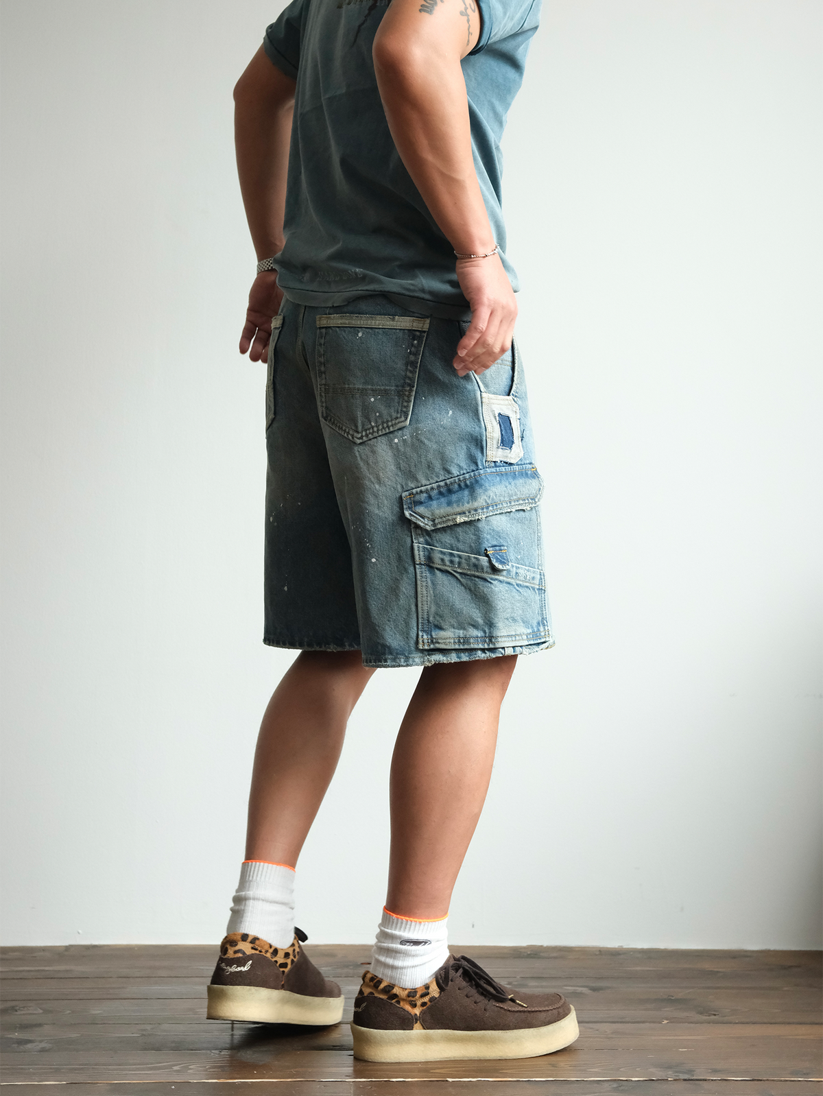 Paint Splattered Denim Cargo Shorts - product view 5