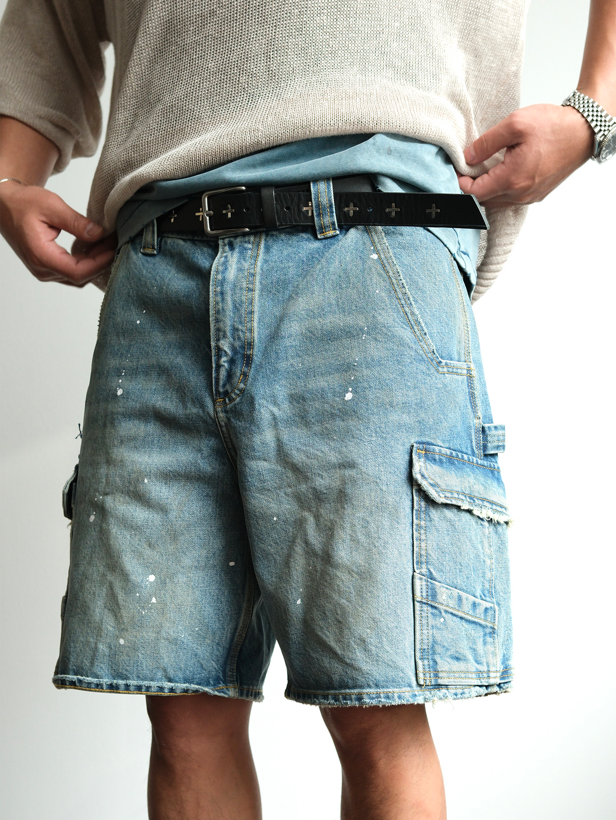 Paint Splattered Denim Cargo Shorts - product view 6