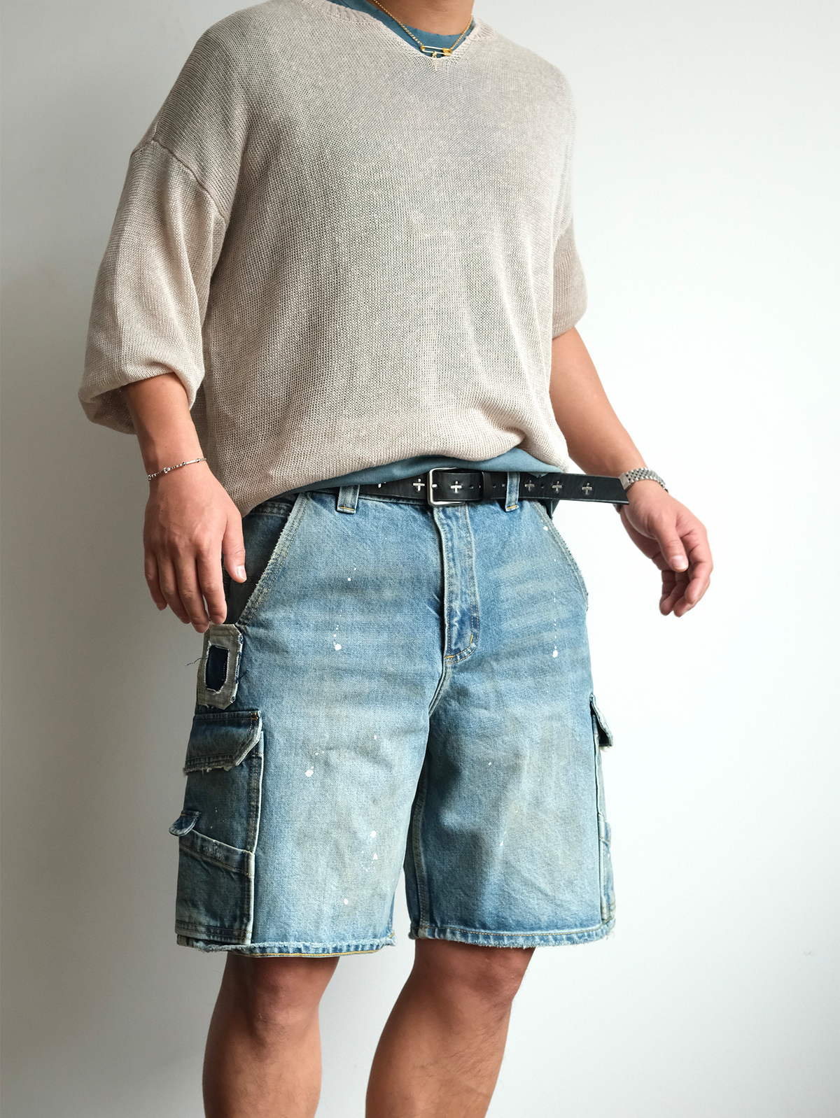 Paint Splattered Denim Cargo Shorts - product view 7