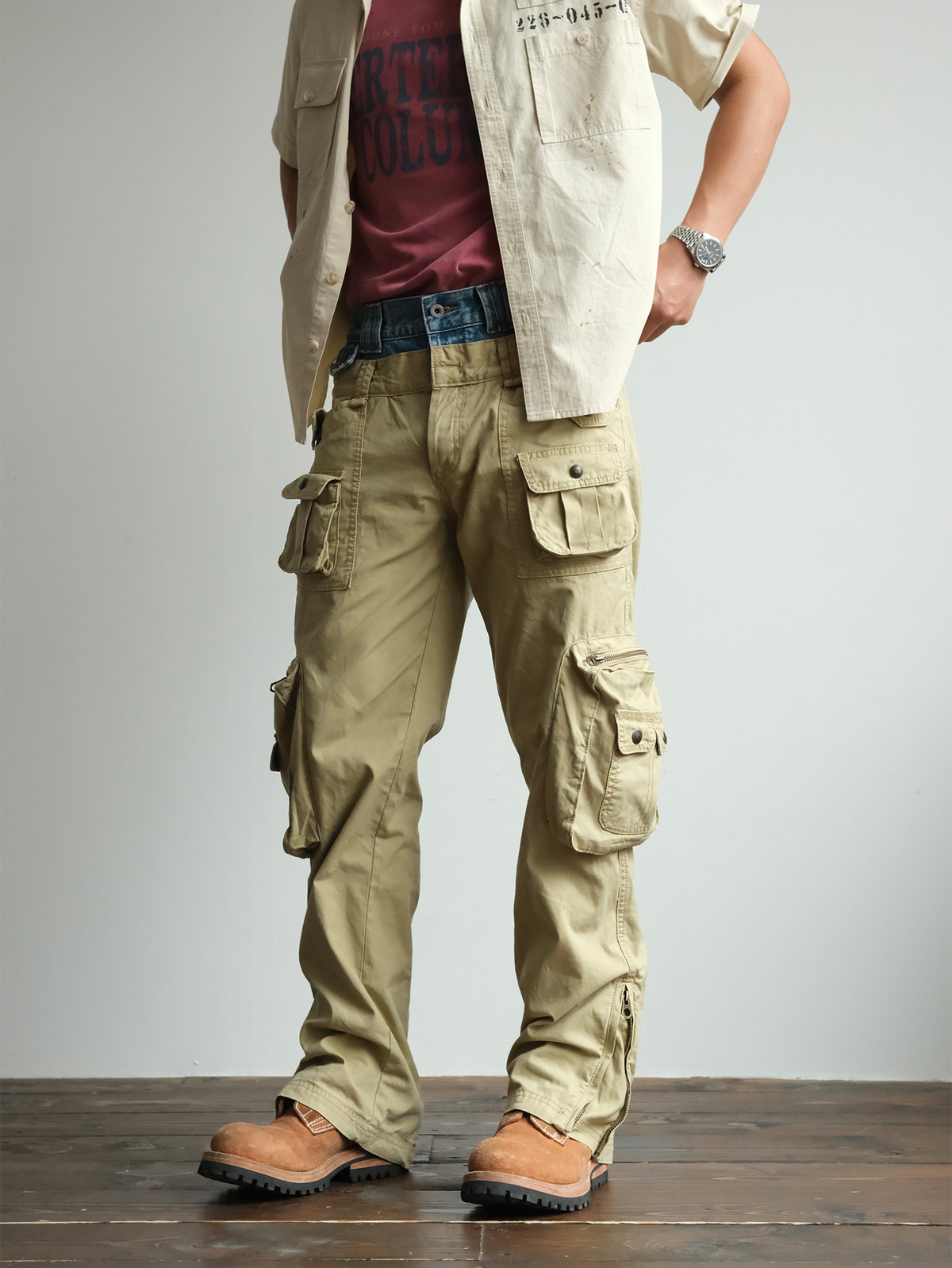 Denim Waistband Zip Hem Cargo Pants - detail or styled view 11