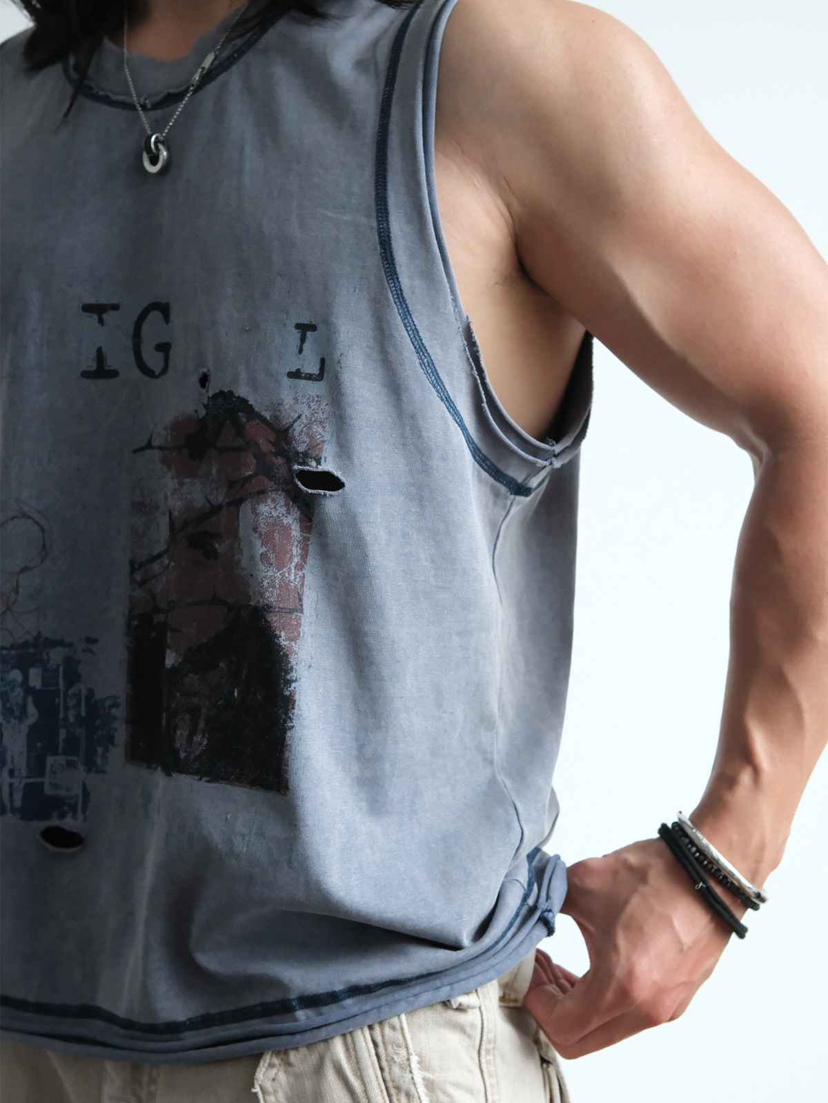 Raw Edge Distressed Graphic Tank - product view 23