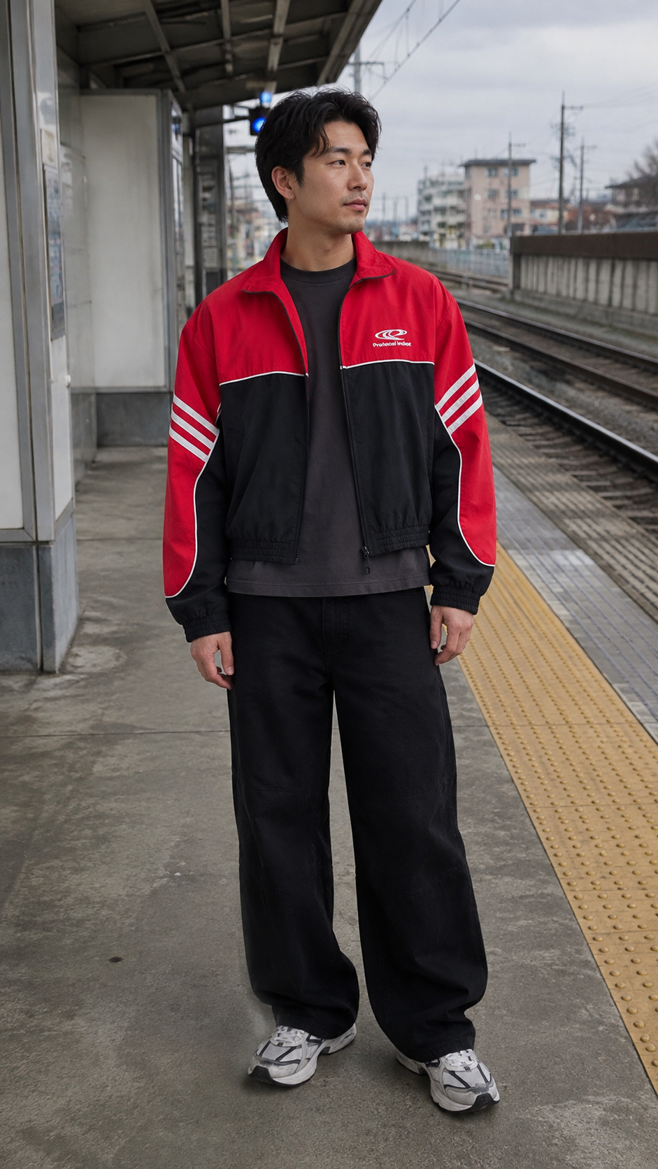 Protocol Sprint Stripe Cropped Track Jacket worn at a train platform