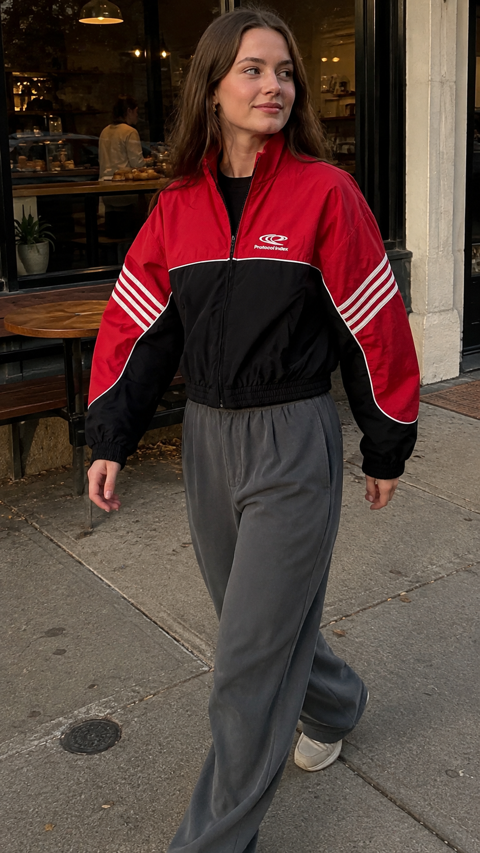 Protocol Sprint Stripe Cropped Track Jacket coffee shop sidewalk outfit