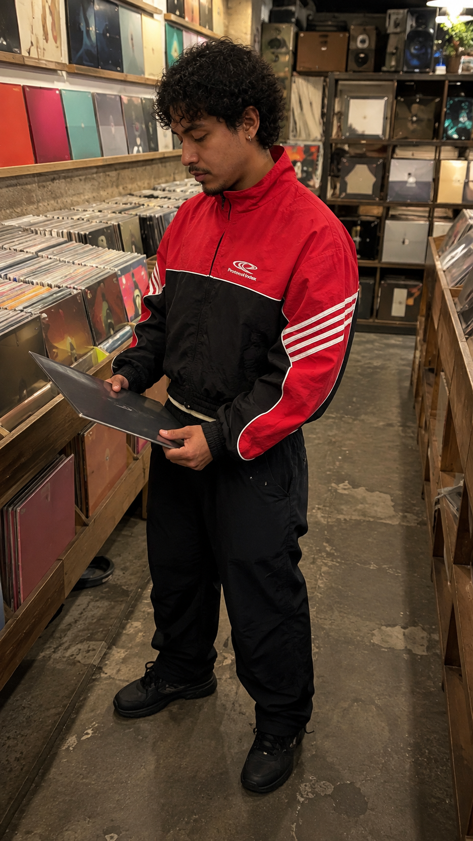 Protocol Sprint Stripe Cropped Track Jacket worn in a record store