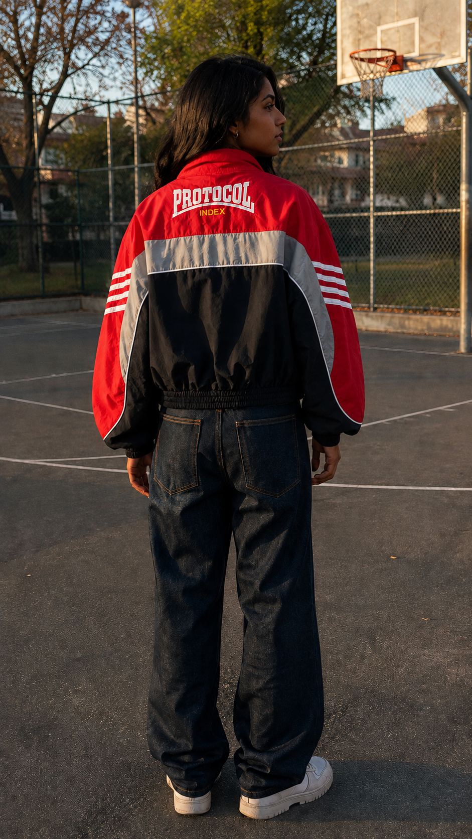 Protocol Sprint Stripe Cropped Track Jacket back view at a basketball court
