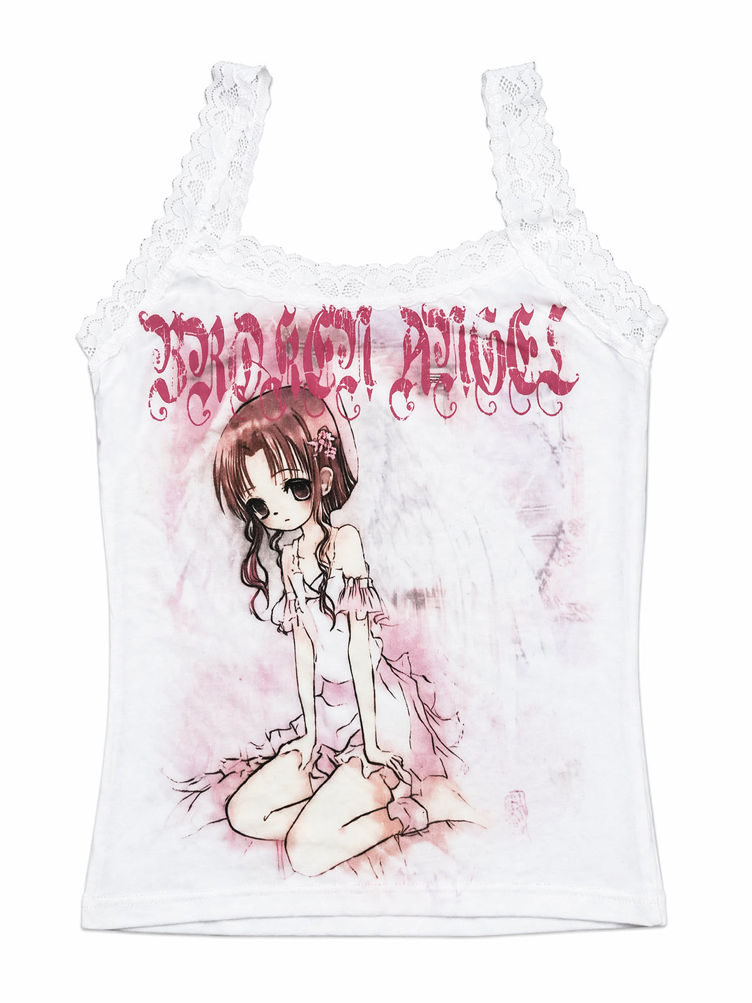 Pink Graphic Lace-Trim White Cami — view 1