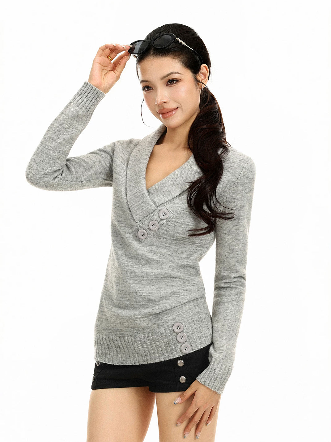 Button-Accent Shawl V-Neck Knit Top — view 3