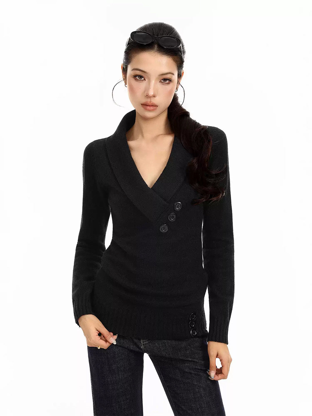 Button-Accent Shawl V-Neck Knit Top — view 5