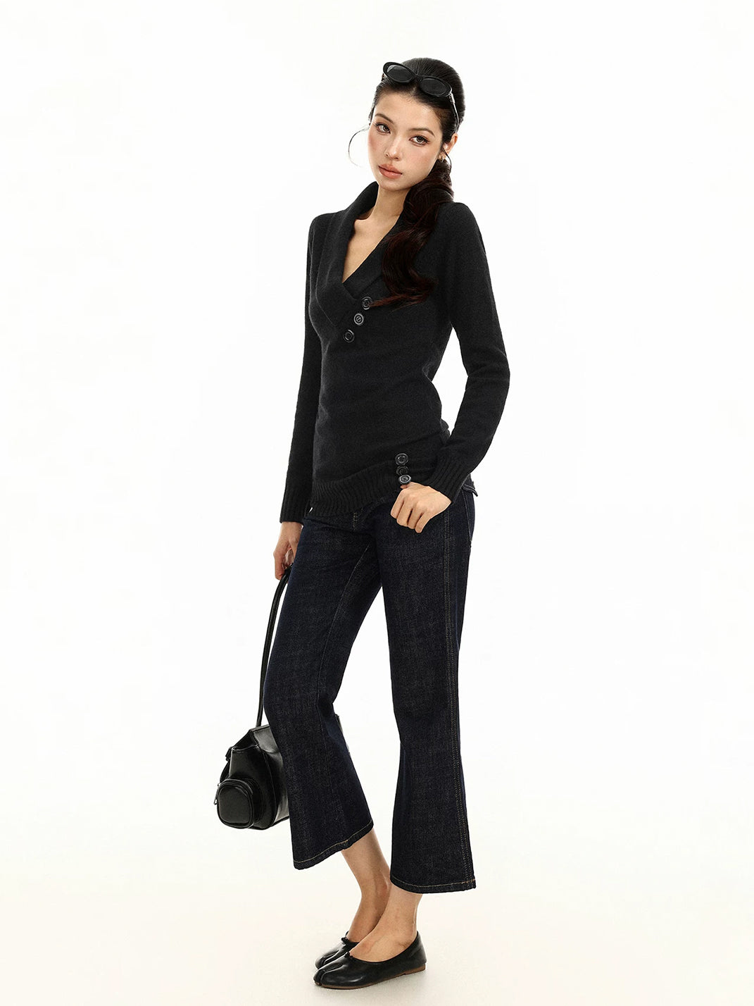Button-Accent Shawl V-Neck Knit Top — view 6