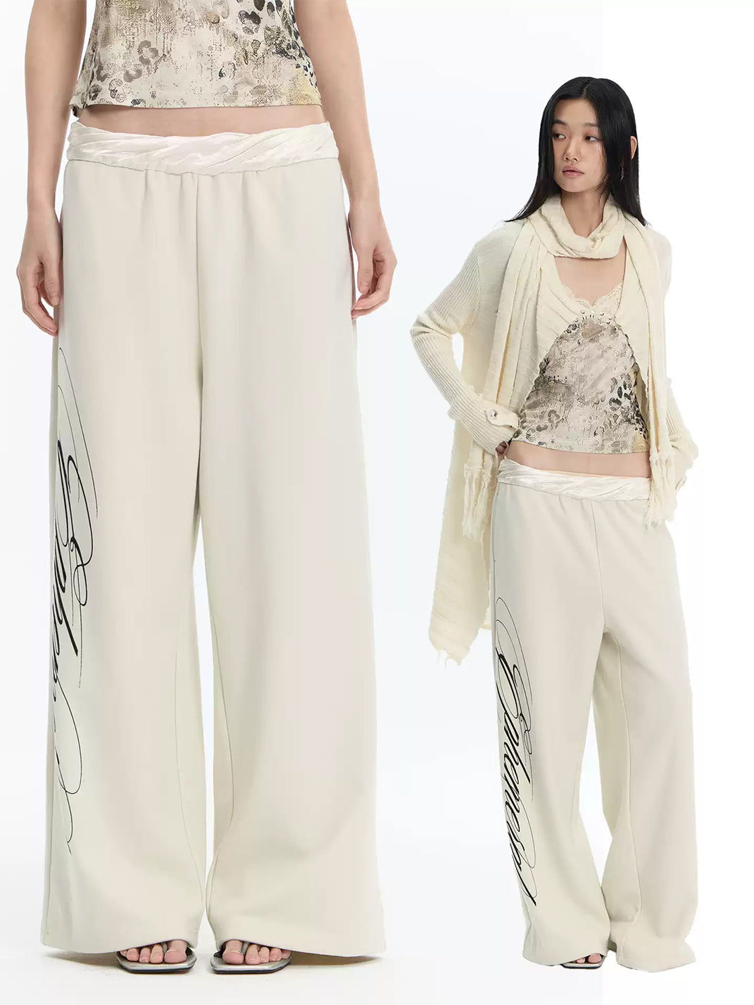 Satin-Waist Script Print Lounge Pants — view 3