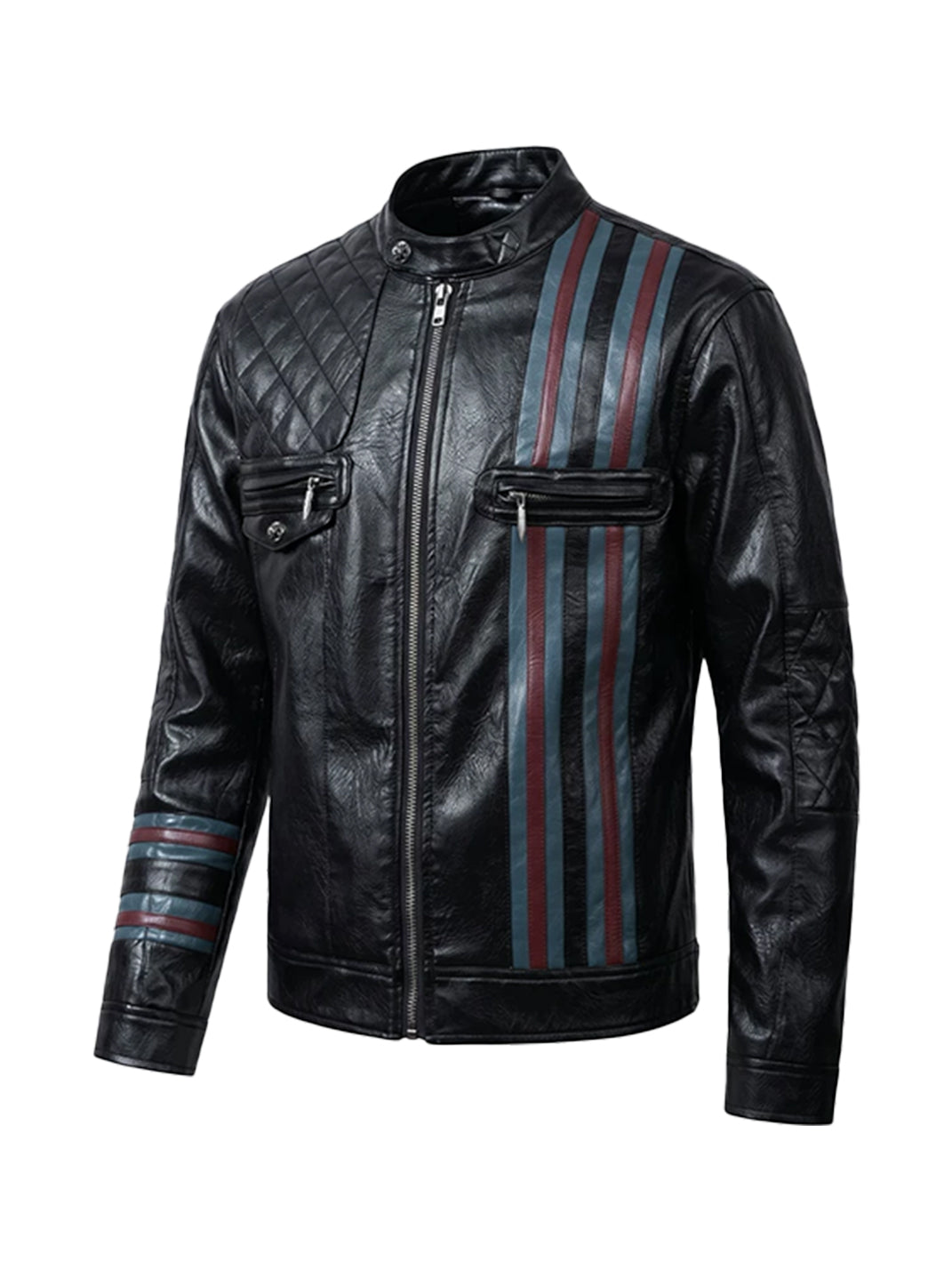 Contrast-Stripe Diamond-Quilted Moto Jacket — view 1