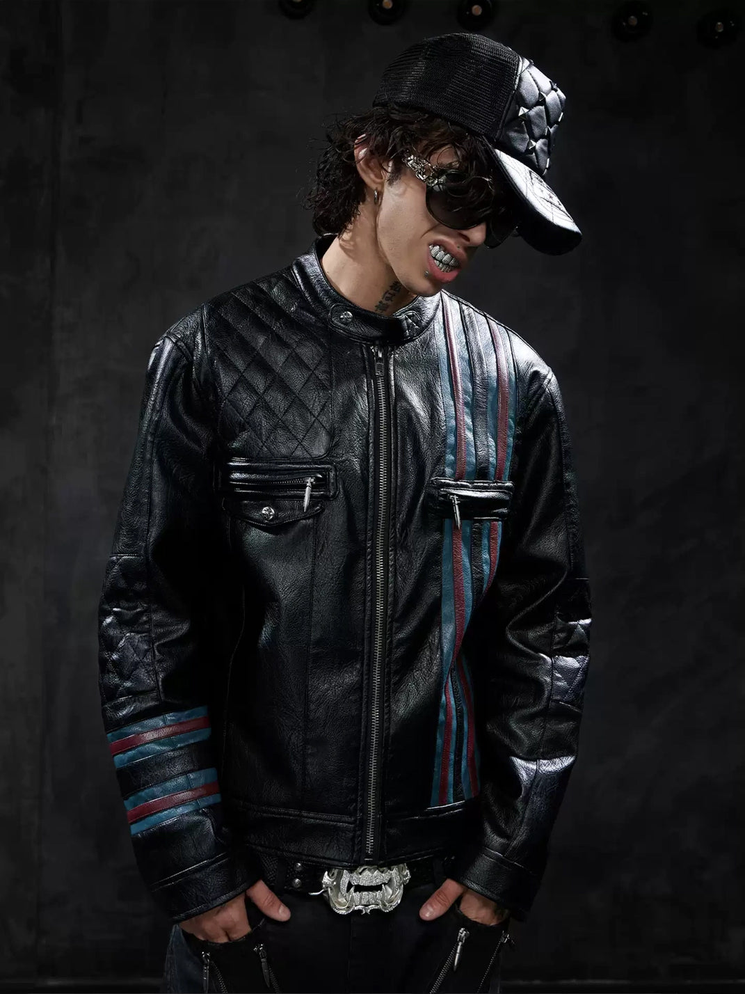 Contrast-Stripe Diamond-Quilted Moto Jacket — view 2