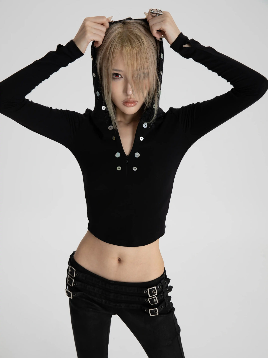 Shell-Accent Deep-V Hooded Zip Top — view 2