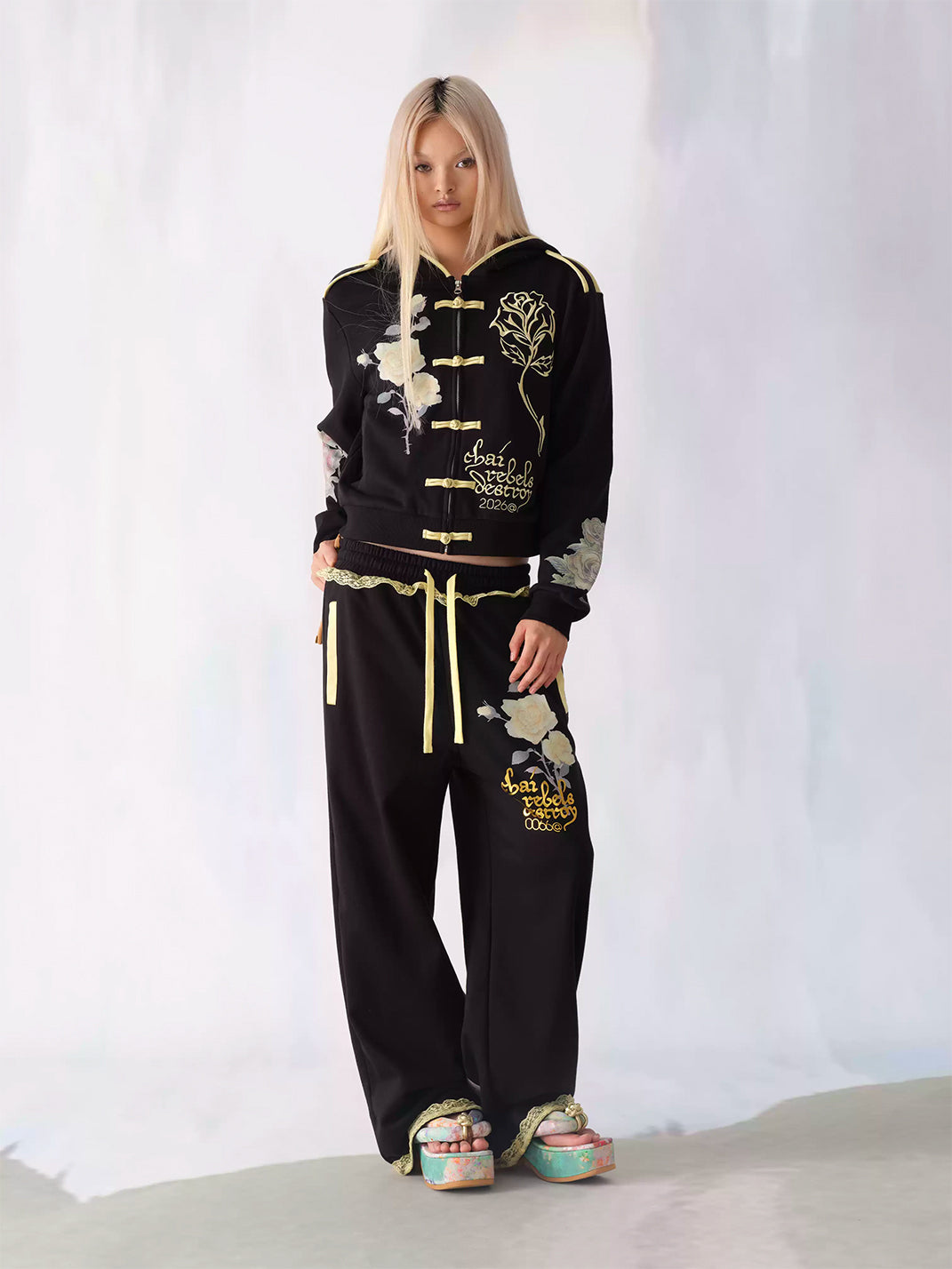 Yellow Lace Rose-Graphic Wide-Leg Sweatpants — view 3