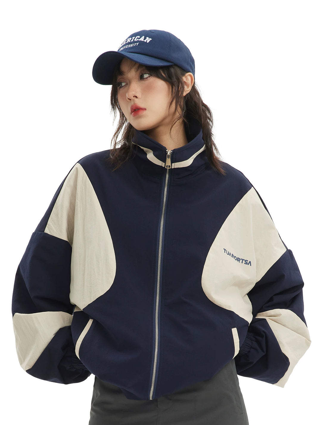 Curved Contrast Panel Stand Collar Jacket - product view 2