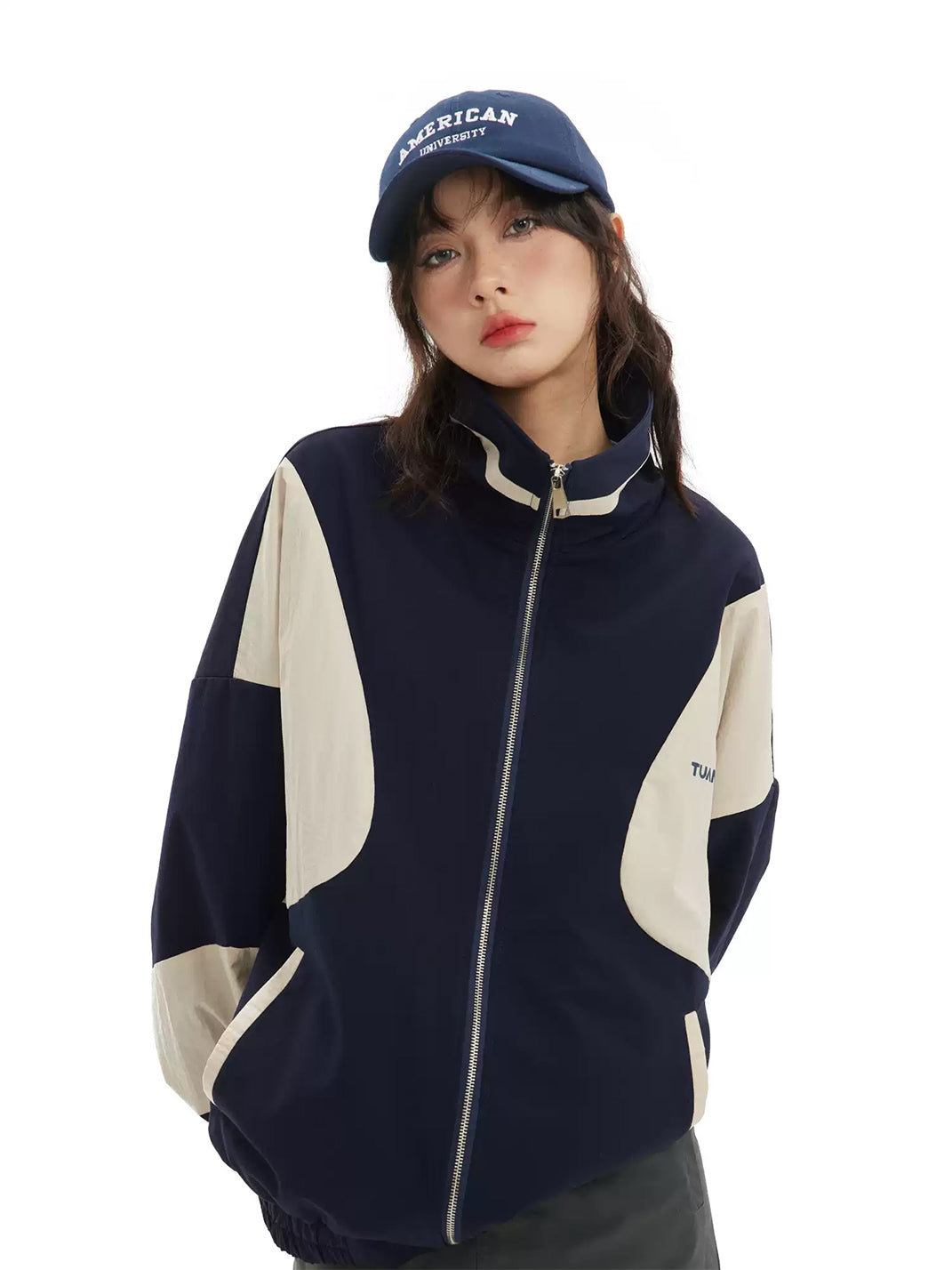 Curved Contrast Panel Stand Collar Jacket - product view 3