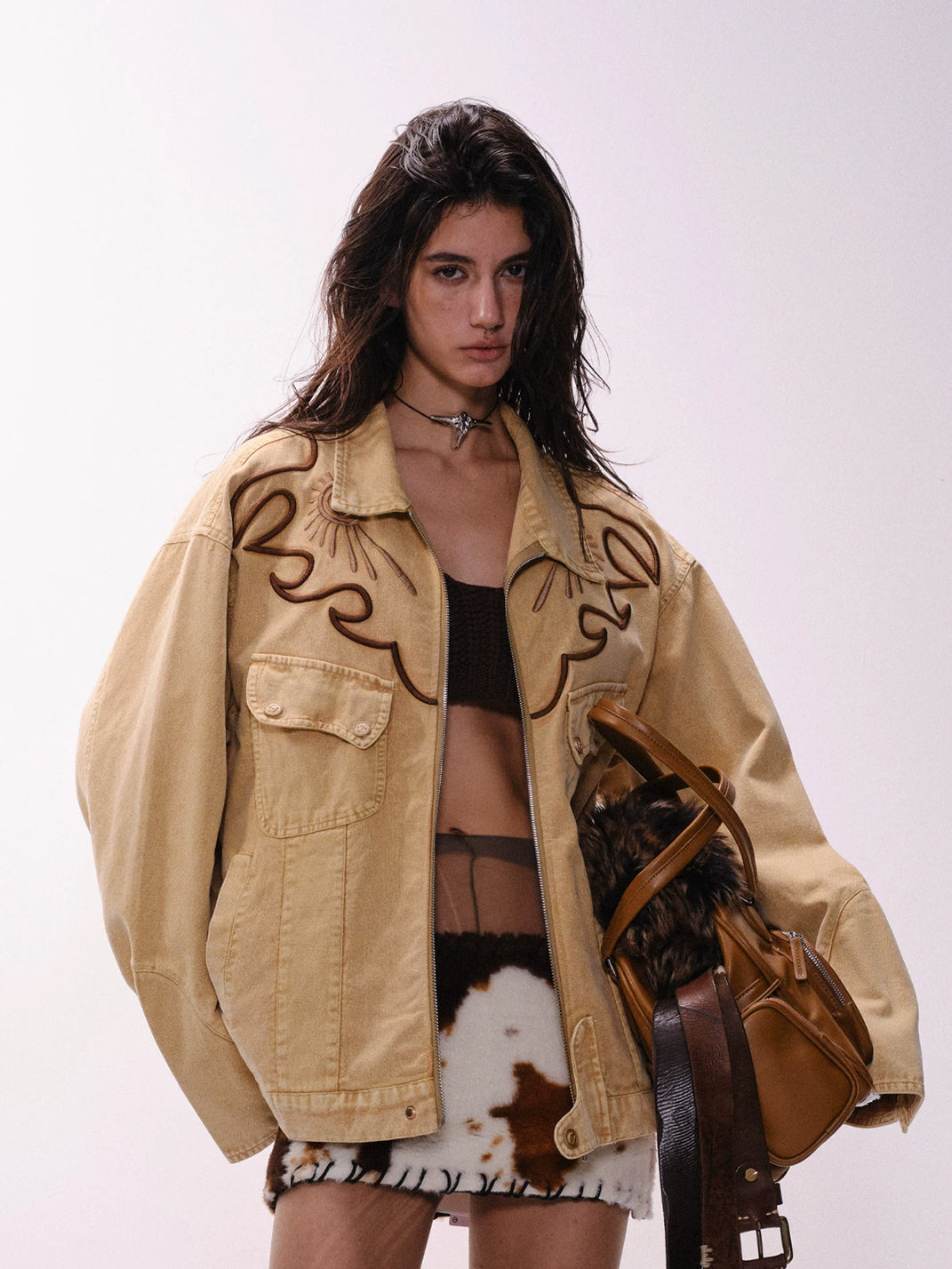 Western Embroidered Brown Cotton Denim Jacket - product view 2