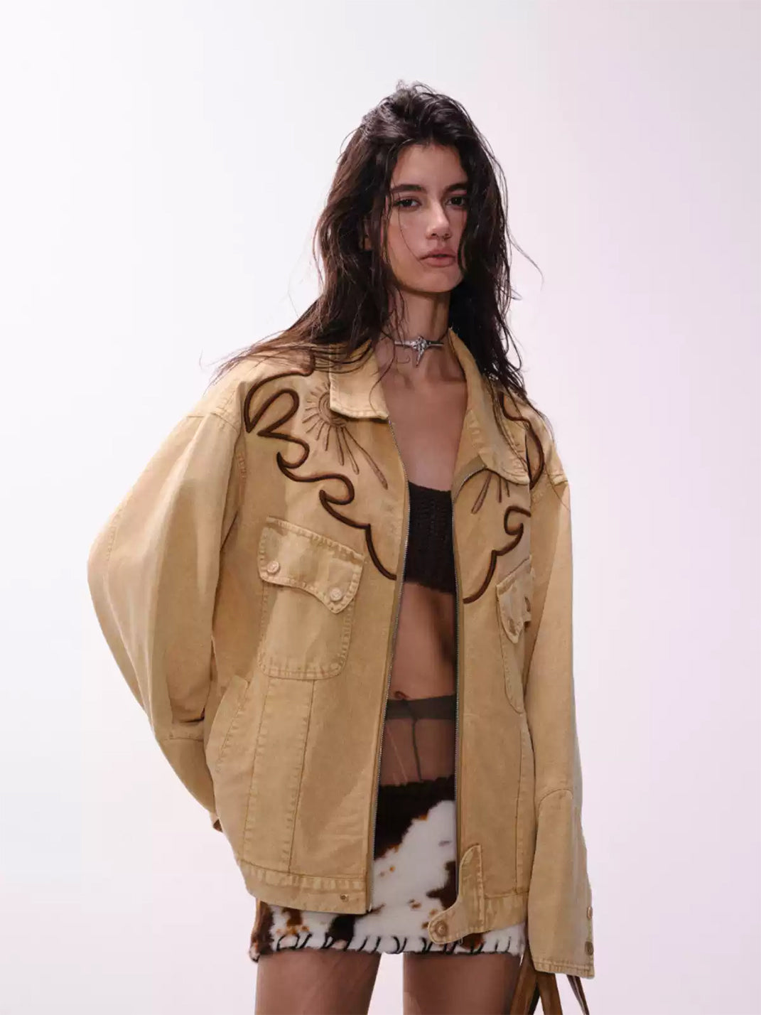 Western Embroidered Brown Cotton Denim Jacket - product view 3