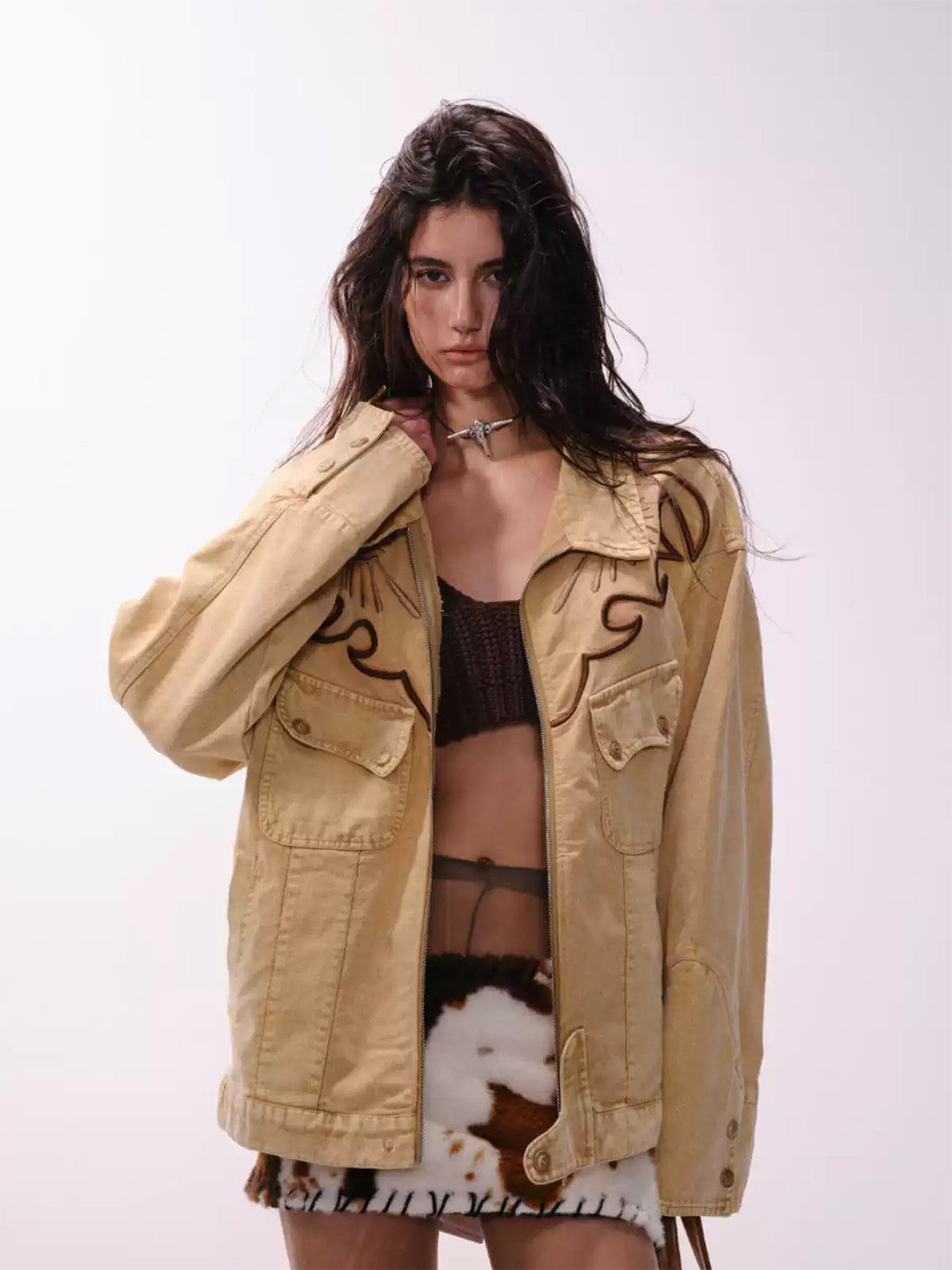 Western Embroidered Brown Cotton Denim Jacket - product view 4
