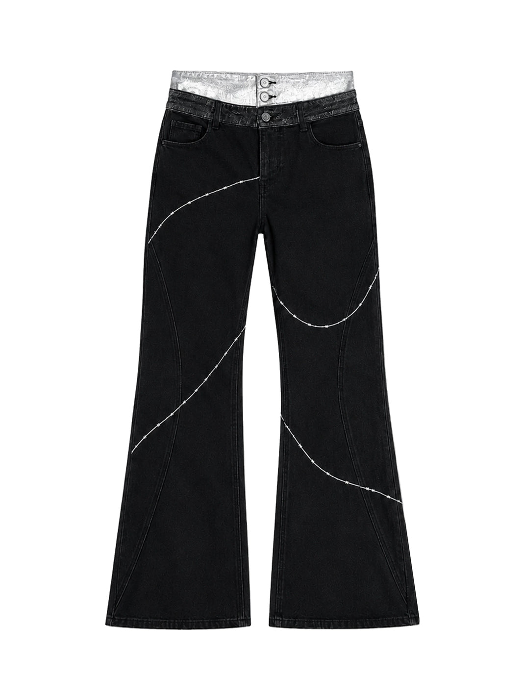 Contrast Stitch Double Waist Black Flared Jeans - product view 1
