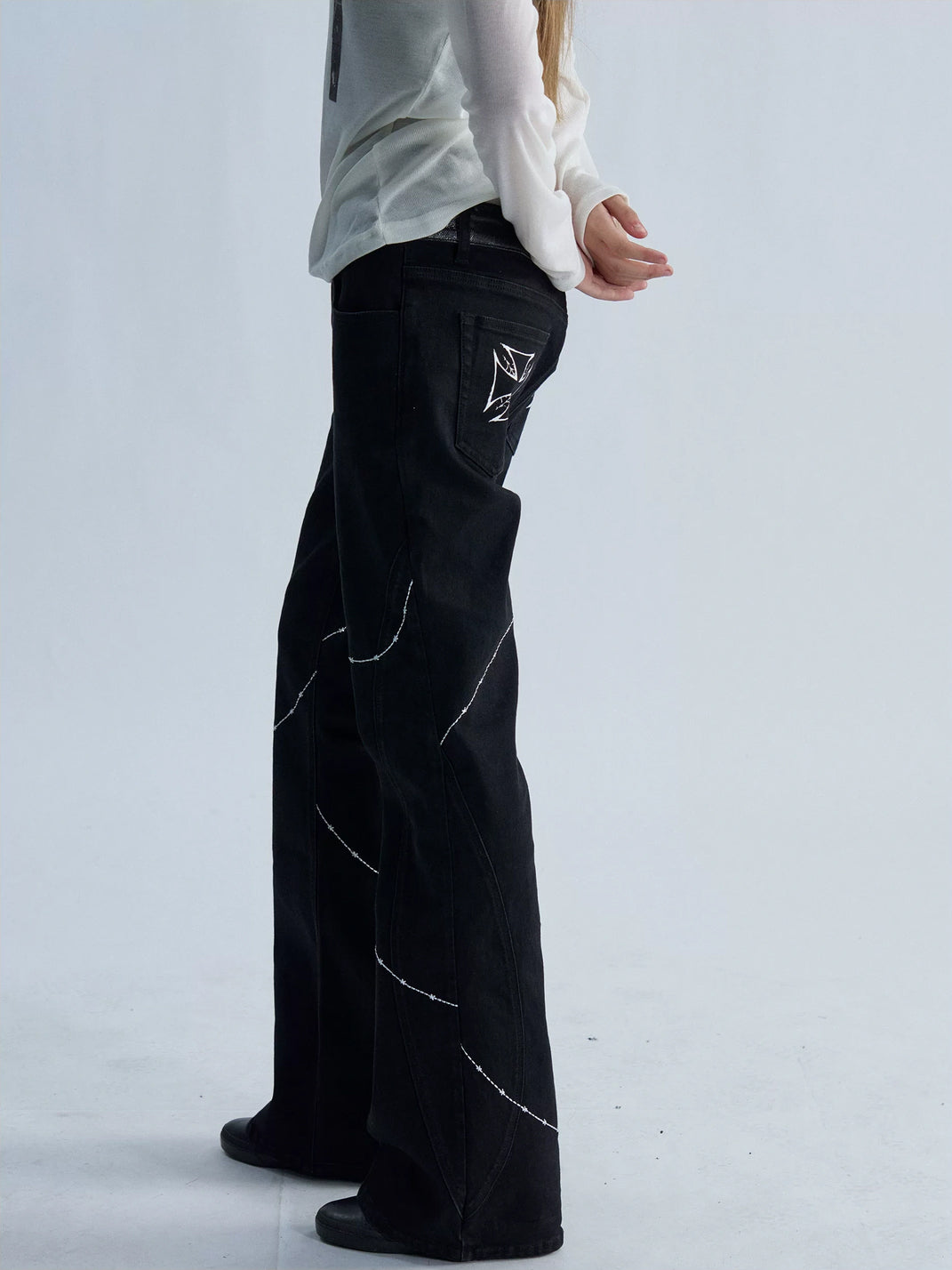 Contrast Stitch Double Waist Black Flared Jeans - product view 2