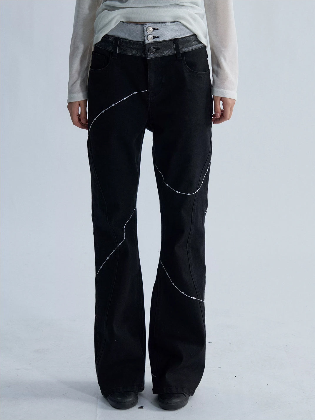 Contrast Stitch Double Waist Black Flared Jeans - product view 3